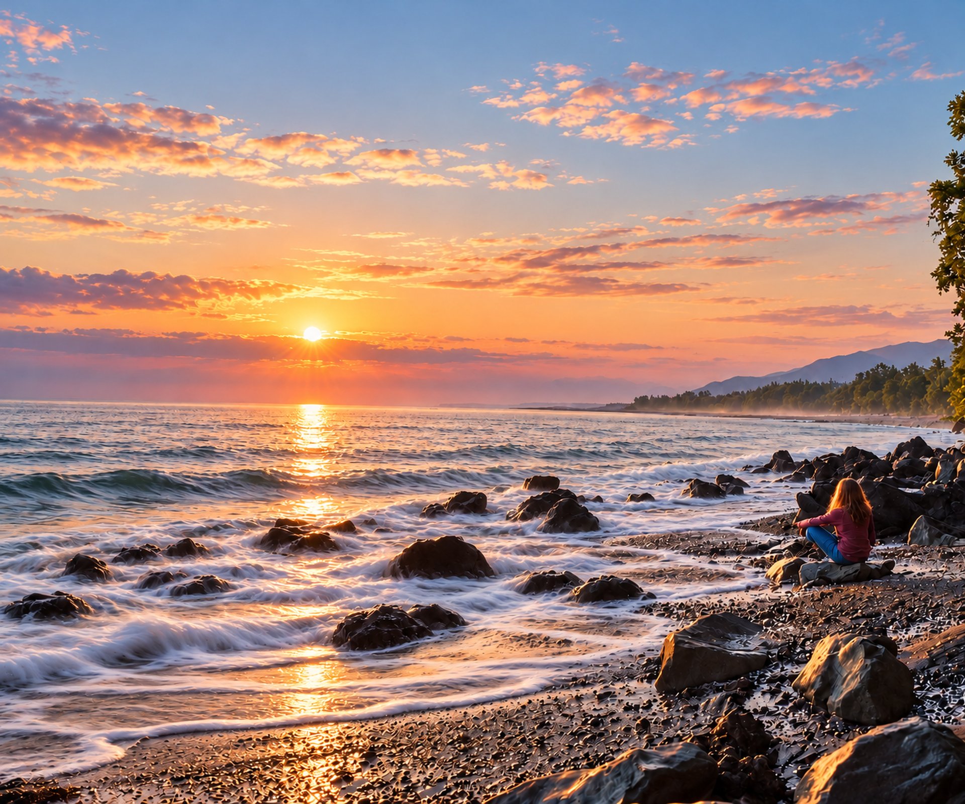 Sonnenaufgang über dem Meer, eine Person sitzt am steinigen Strand